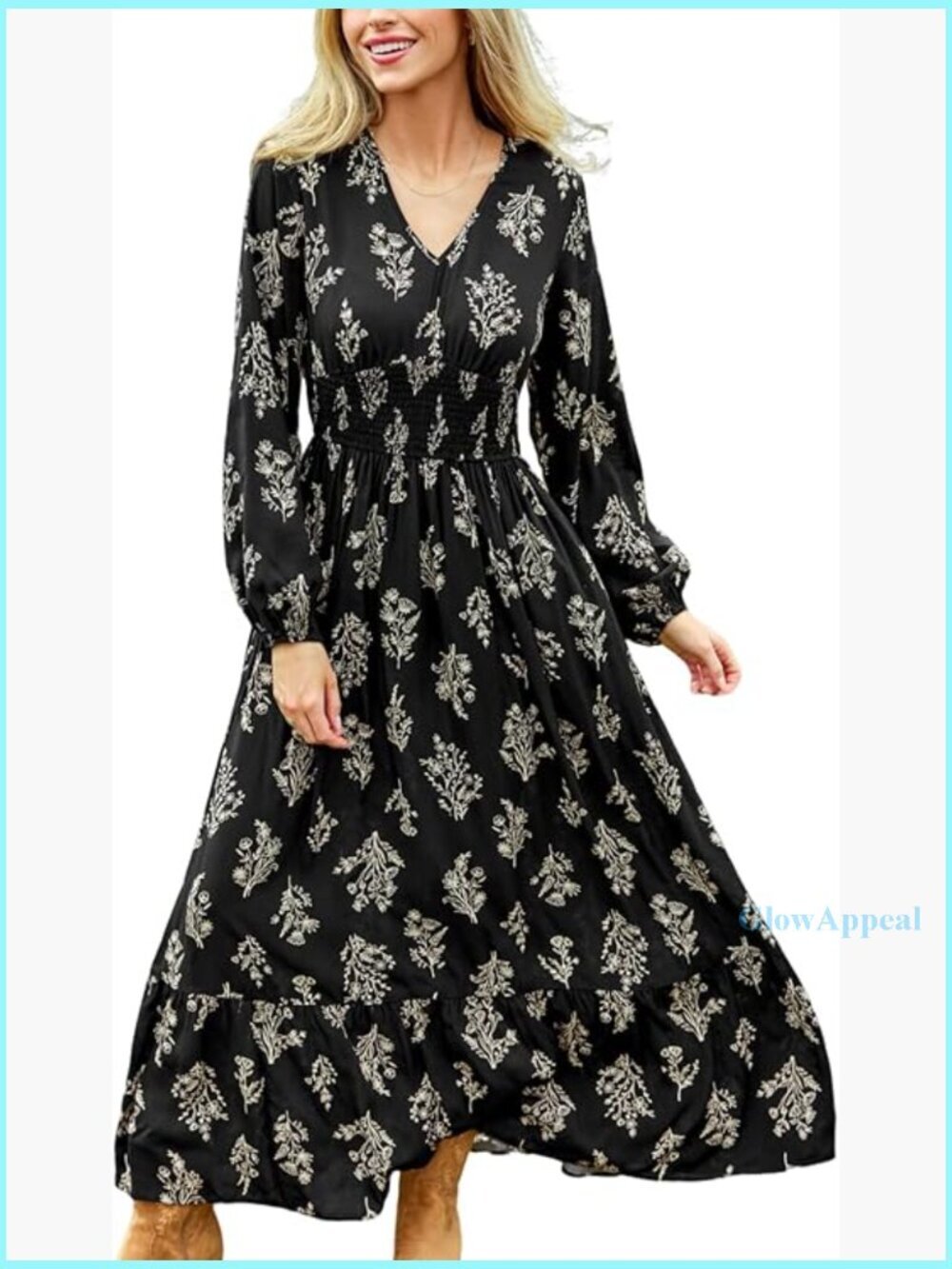 Maxi Dress with V Neck, Smocked Waist, Long Puff Sleeves, Floral Print, Casual